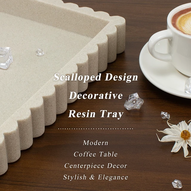 Alt view image 2 of 7 - Decorative Tray for Coffee Table, Modern Tray Decor, 14" Beige Resin | Scalloped Coffee Table Tray for Home Decor. Large Rectangle Tray Decor for Entryway, Living Room, Coffee Table Centerpiece