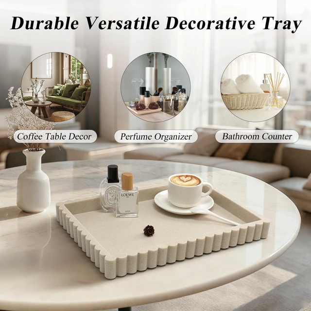 Alt view image 4 of 7 - Decorative Tray for Coffee Table, Modern Tray Decor, 14" Beige Resin | Scalloped Coffee Table Tray for Home Decor. Large Rectangle Tray Decor for Entryway, Living Room, Coffee Table Centerpiece
