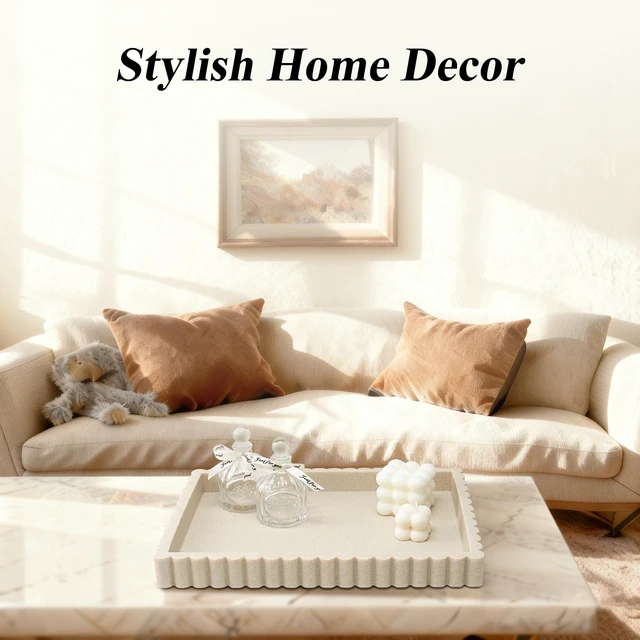 Alt view image 7 of 7 - Decorative Tray for Coffee Table, Modern Tray Decor, 14" Beige Resin | Scalloped Coffee Table Tray for Home Decor. Large Rectangle Tray Decor for Entryway, Living Room, Coffee Table Centerpiece