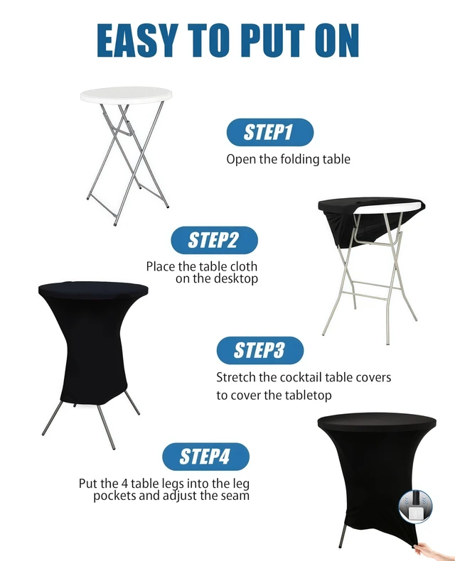 Alt view image 4 of 7 - Cocktail Table Covers - 6 Pack 32x43 Inch Table Cloth - Black | Fitted Stretch Spandex Round High Top Tablecloth for Party, Bar, Birthday, Pub, Banquet