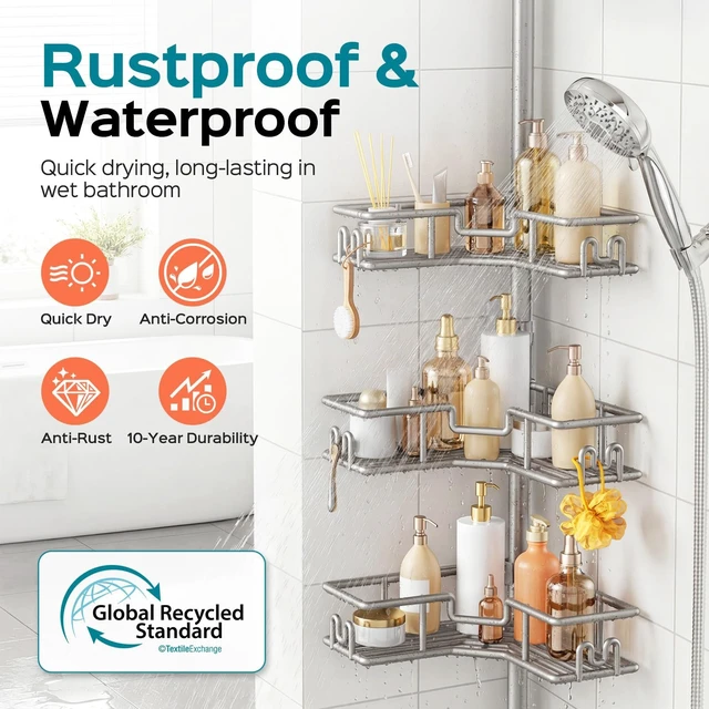Alt view image 2 of 7 - Corner Shower Shelves, 4-Tier Metal Tension Pole Caddy, Silver Gray | Rustproof Bathtub Organizer, No Drilling Standing Bathroom Storage, Apartment Essentials For Renters, 47.7-123.6in Adjustable