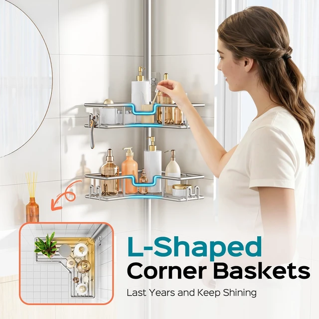 Alt view image 3 of 7 - Corner Shower Shelves, 4-Tier Metal Tension Pole Caddy, Silver Gray | Rustproof Bathtub Organizer, No Drilling Standing Bathroom Storage, Apartment Essentials For Renters, 47.7-123.6in Adjustable