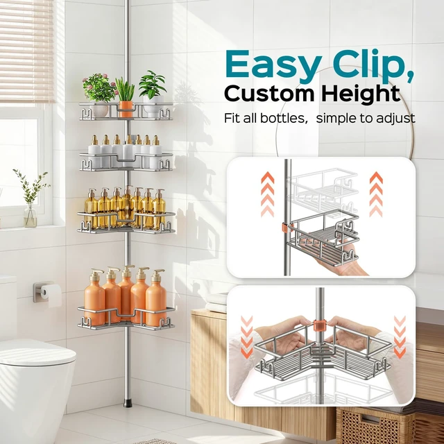 Alt view image 6 of 7 - Corner Shower Shelves, 4-Tier Metal Tension Pole Caddy, Silver Gray | Rustproof Bathtub Organizer, No Drilling Standing Bathroom Storage, Apartment Essentials For Renters, 47.7-123.6in Adjustable
