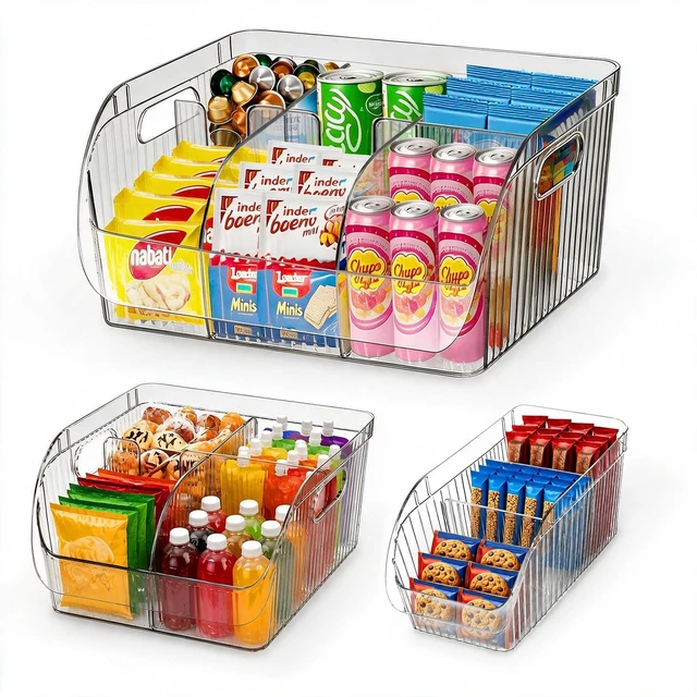 Main image of 3 Pack Adjustable Dividers Storage Bins, Clear Pantry Organizers Boxes Set | Customizable Compartments, Versatile Organizer Bin for Kitchen Cabinet Fridge Bathroom Home, Food Snack Containers, Plastic