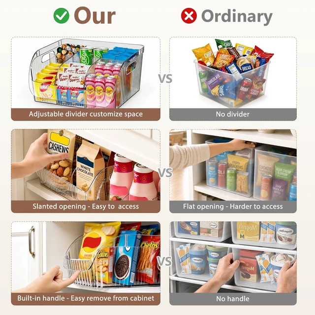 Alt view image 4 of 7 - 3 Pack Adjustable Dividers Storage Bins, Clear Pantry Organizers Boxes Set | Customizable Compartments, Versatile Organizer Bin for Kitchen Cabinet Fridge Bathroom Home, Food Snack Containers, Plastic