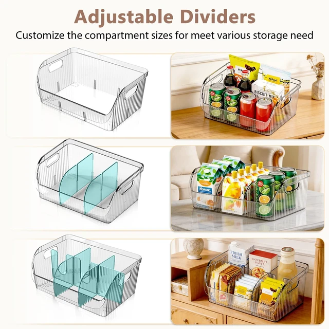 Alt view image 2 of 7 - 3 Pack Adjustable Dividers Storage Bins, Clear Pantry Organizers Boxes Set | Customizable Compartments, Versatile Organizer Bin for Kitchen Cabinet Fridge Bathroom Home, Food Snack Containers, Plastic