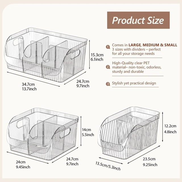 Alt view image 7 of 7 - 3 Pack Adjustable Dividers Storage Bins, Clear Pantry Organizers Boxes Set | Customizable Compartments, Versatile Organizer Bin for Kitchen Cabinet Fridge Bathroom Home, Food Snack Containers, Plastic