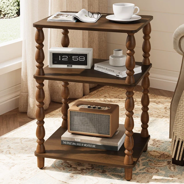 Main image of Small Side Table - Walnut End Tables Living Room with Spindle Legs | Vintage Night Stand with 3-Tier Storage Shelf, Wood Nightstand for Bedroom, Bedside Table for Narrow Spaces