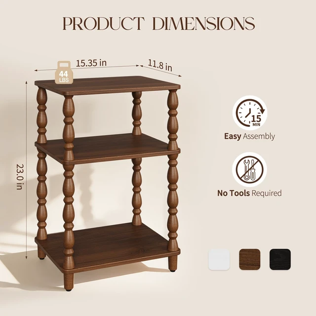 Alt view image 2 of 7 - Small Side Table - Walnut End Tables Living Room with Spindle Legs | Vintage Night Stand with 3-Tier Storage Shelf, Wood Nightstand for Bedroom, Bedside Table for Narrow Spaces