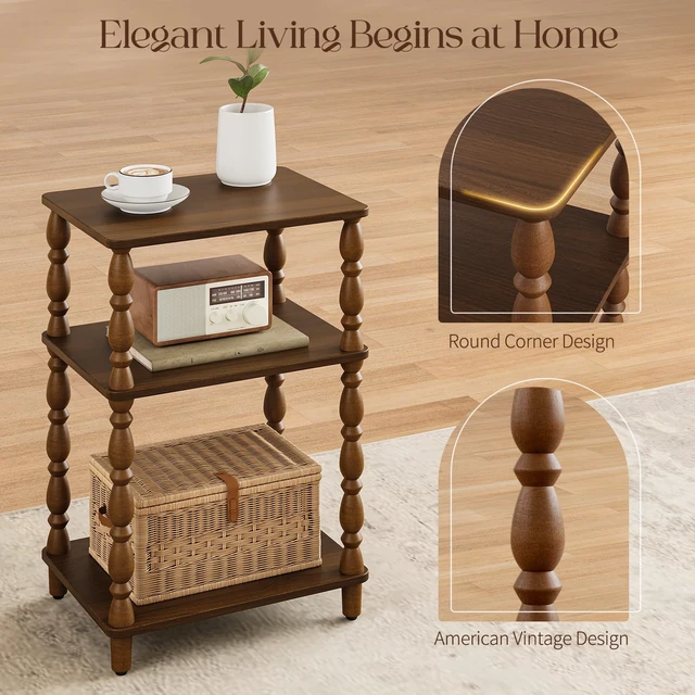 Alt view image 3 of 7 - Small Side Table - Walnut End Tables Living Room with Spindle Legs | Vintage Night Stand with 3-Tier Storage Shelf, Wood Nightstand for Bedroom, Bedside Table for Narrow Spaces