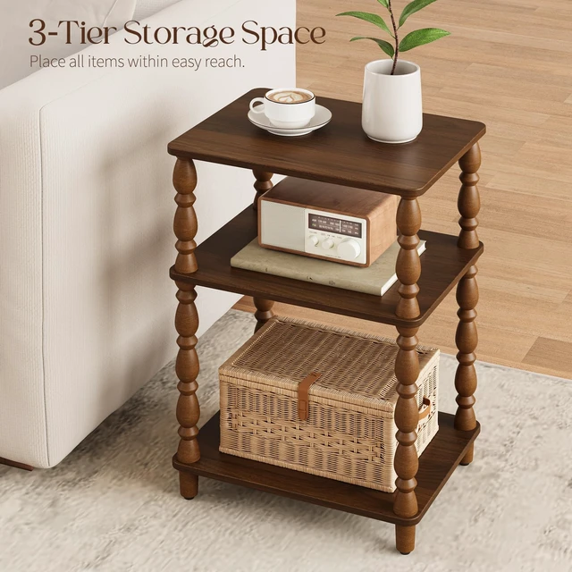 Alt view image 4 of 7 - Small Side Table - Walnut End Tables Living Room with Spindle Legs | Vintage Night Stand with 3-Tier Storage Shelf, Wood Nightstand for Bedroom, Bedside Table for Narrow Spaces