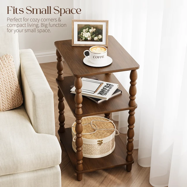 Alt view image 6 of 7 - Small Side Table - Walnut End Tables Living Room with Spindle Legs | Vintage Night Stand with 3-Tier Storage Shelf, Wood Nightstand for Bedroom, Bedside Table for Narrow Spaces