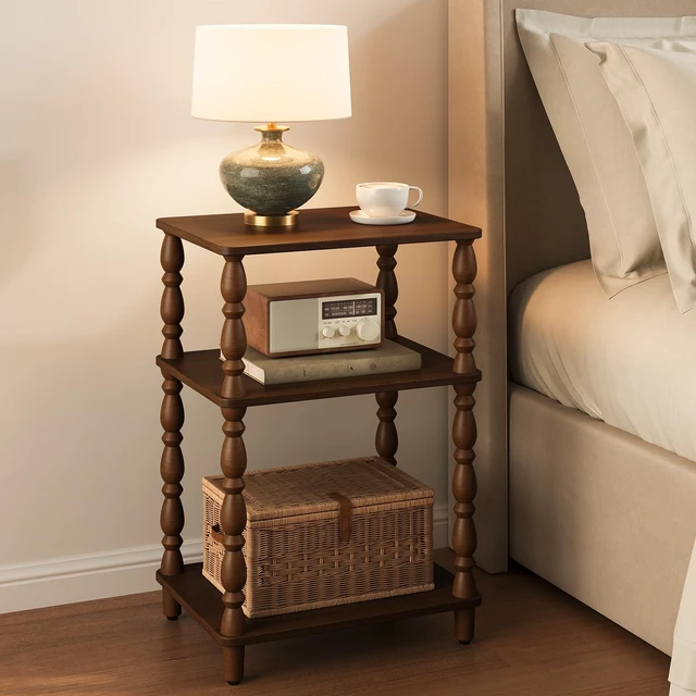 Alt view image 7 of 7 - Small Side Table - Walnut End Tables Living Room with Spindle Legs | Vintage Night Stand with 3-Tier Storage Shelf, Wood Nightstand for Bedroom, Bedside Table for Narrow Spaces