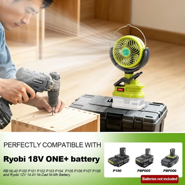 Alt view image 2 of 7 - Portable Clip Fan for Ryobi 18V Battery(Battery Not Included), Battery Powered Fan with Dual USB Charging, Cordless Fan with Adjustable Head for Home, Outdoor,Camping and Job Site,Gifts for Men Dad