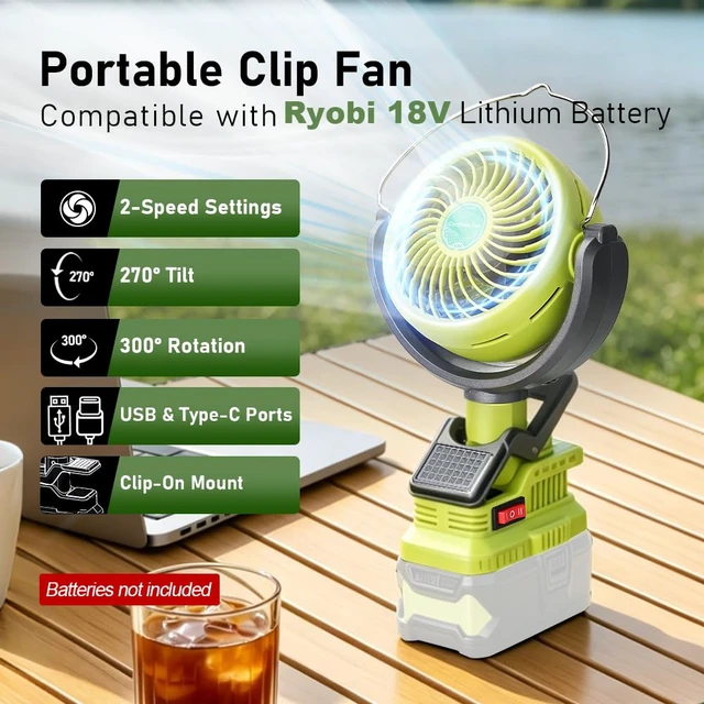 Alt view image 3 of 7 - Portable Clip Fan for Ryobi 18V Battery(Battery Not Included), Battery Powered Fan with Dual USB Charging, Cordless Fan with Adjustable Head for Home, Outdoor,Camping and Job Site,Gifts for Men Dad