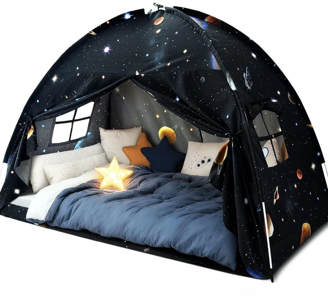 Main image of Twin Bed Toddler Canopy Tent, Kids Indoor Canopy Space Galaxy Sleep Tent | Twin Size Bed Tents Canopy Playhouse Privacy Blackout Bunk Floor Tents Indoor for Boys Girl Birthday, Christmas House Gift