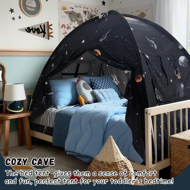 Alt view image 6 of 7 - Twin Bed Toddler Canopy Tent, Kids Indoor Canopy Space Galaxy Sleep Tent | Twin Size Bed Tents Canopy Playhouse Privacy Blackout Bunk Floor Tents Indoor for Boys Girl Birthday, Christmas House Gift