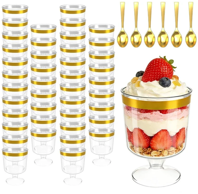Main image of 120Pcs Dessert Cups with Golden Spoon,5Oz Clear Plastic Parfait Cups,Mini Appetizer Cups Disposable Shooter Cups for Pudding Ice Cream Mousse Cake Birthday Party Events Supplies