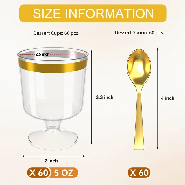 Alt view image 2 of 7 - 120Pcs Dessert Cups with Golden Spoon,5Oz Clear Plastic Parfait Cups,Mini Appetizer Cups Disposable Shooter Cups for Pudding Ice Cream Mousse Cake Birthday Party Events Supplies