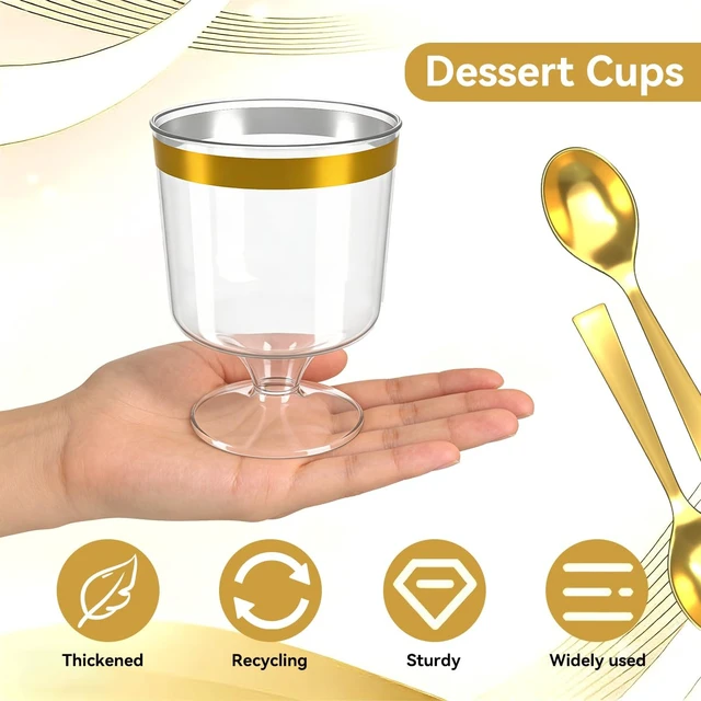 Alt view image 3 of 7 - 120Pcs Dessert Cups with Golden Spoon,5Oz Clear Plastic Parfait Cups,Mini Appetizer Cups Disposable Shooter Cups for Pudding Ice Cream Mousse Cake Birthday Party Events Supplies