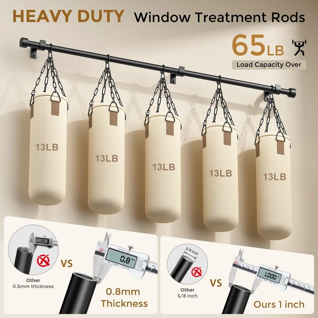 Alt view image 3 of 7 - Curtain Rod 36-120 Inch, Black Heavy Duty Curtain Rods for Windows | 1 Inch Adjustable Long Window Treatment Rods, Modern Decorative Metal Drapery Pole, Solid Aluminum Finials, Easy Installation