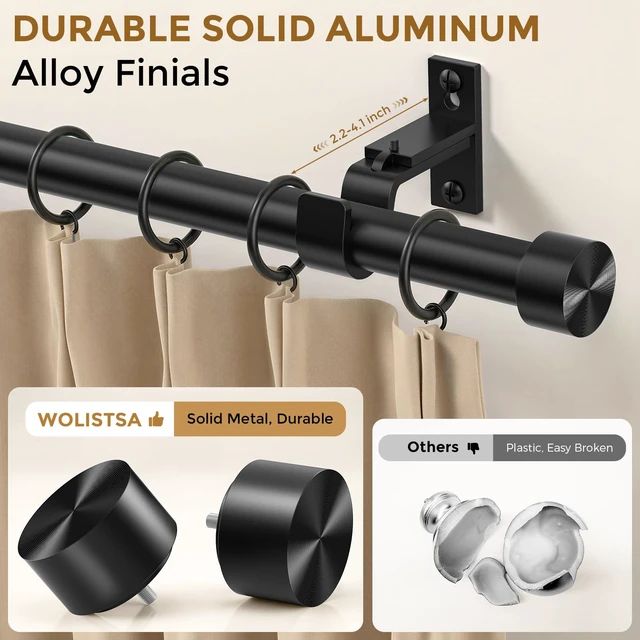 Alt view image 4 of 7 - Curtain Rod 36-120 Inch, Black Heavy Duty Curtain Rods for Windows | 1 Inch Adjustable Long Window Treatment Rods, Modern Decorative Metal Drapery Pole, Solid Aluminum Finials, Easy Installation