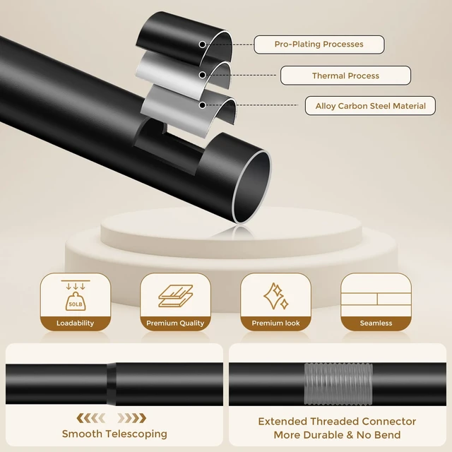 Alt view image 6 of 7 - Curtain Rod 36-120 Inch, Black Heavy Duty Curtain Rods for Windows | 1 Inch Adjustable Long Window Treatment Rods, Modern Decorative Metal Drapery Pole, Solid Aluminum Finials, Easy Installation