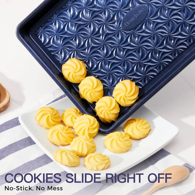 Alt view image 2 of 7 - Nonstick Baking Sheet Pan Set of 3, Cookie Sheets for Oven, Non-Toxic, Blue | Half, Quarter & Jelly Roll Pans, Floral Swirl Texture, Heavy-Duty 0.8mm Carbon Steel, Even Heat Distribution