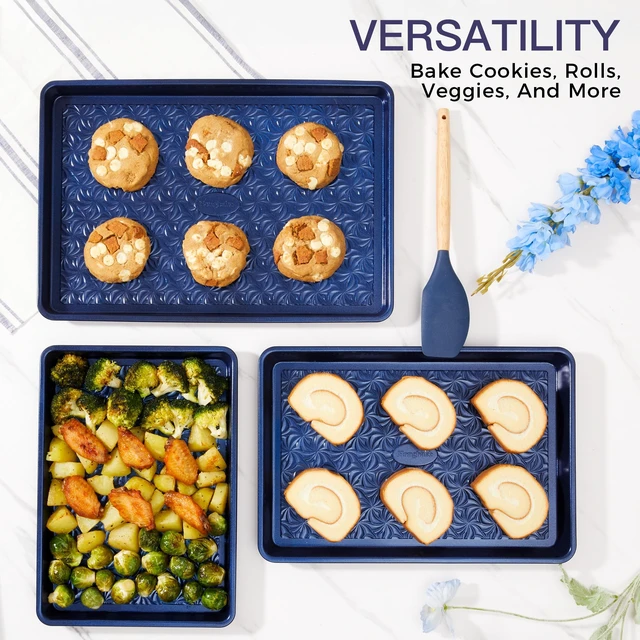 Alt view image 4 of 7 - Nonstick Baking Sheet Pan Set of 3, Cookie Sheets for Oven, Non-Toxic, Blue | Half, Quarter & Jelly Roll Pans, Floral Swirl Texture, Heavy-Duty 0.8mm Carbon Steel, Even Heat Distribution