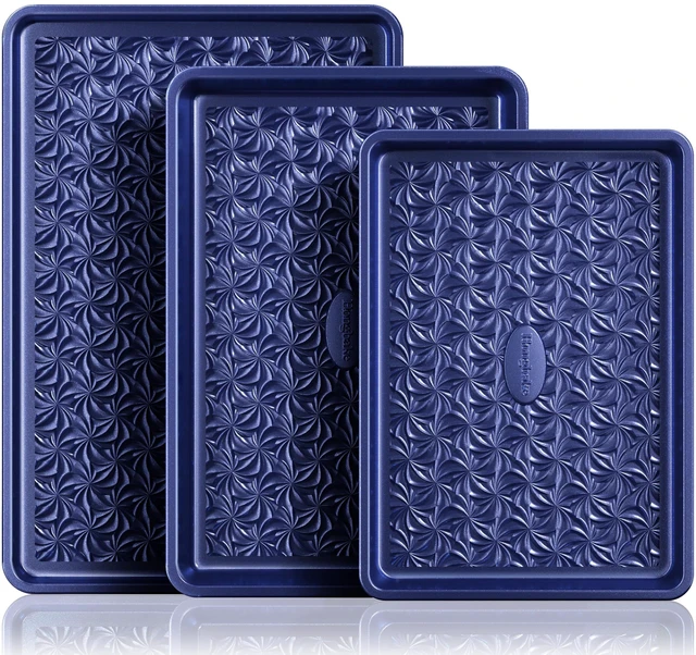 Main image of Nonstick Baking Sheet Pan Set of 3, Cookie Sheets for Oven, Non-Toxic, Blue | Half, Quarter & Jelly Roll Pans, Floral Swirl Texture, Heavy-Duty 0.8mm Carbon Steel, Even Heat Distribution