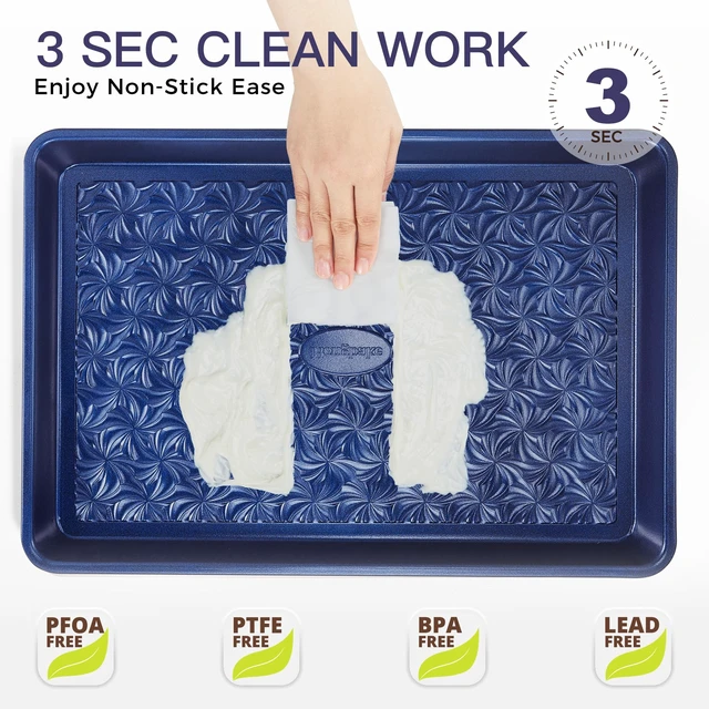Alt view image 6 of 7 - Nonstick Baking Sheet Pan Set of 3, Cookie Sheets for Oven, Non-Toxic, Blue | Half, Quarter & Jelly Roll Pans, Floral Swirl Texture, Heavy-Duty 0.8mm Carbon Steel, Even Heat Distribution