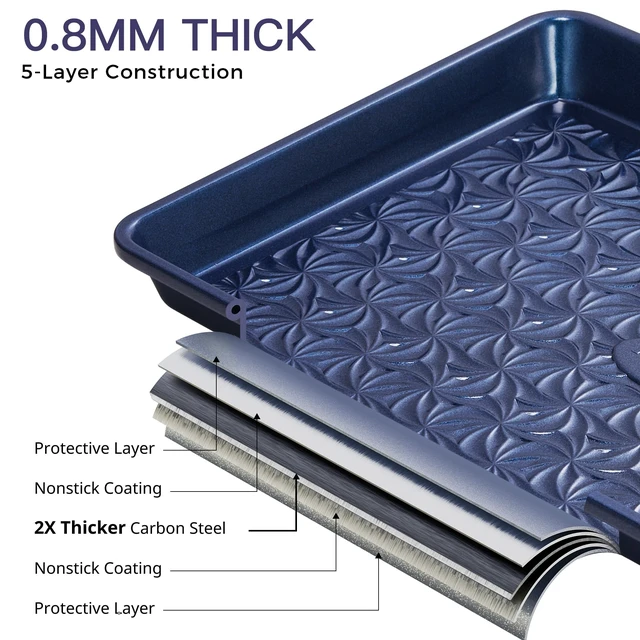 Alt view image 7 of 7 - Nonstick Baking Sheet Pan Set of 3, Cookie Sheets for Oven, Non-Toxic, Blue | Half, Quarter & Jelly Roll Pans, Floral Swirl Texture, Heavy-Duty 0.8mm Carbon Steel, Even Heat Distribution