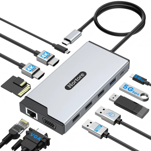 Main image of Docking Station USB C Hub Multiport Adapter Triple Display | 12-in-1 hub with 2 HDMI,1 VGA, RJ45,100W PD,USB A&C 3.0 Ports,SD/TF Card Reader,for MacBook/Dell/HP/Lenovo,Silver