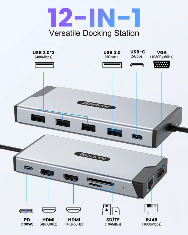 Alt view image 5 of 7 - Docking Station USB C Hub Multiport Adapter Triple Display | 12-in-1 hub with 2 HDMI,1 VGA, RJ45,100W PD,USB A&C 3.0 Ports,SD/TF Card Reader,for MacBook/Dell/HP/Lenovo,Silver