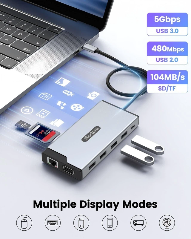 Alt view image 7 of 7 - Docking Station USB C Hub Multiport Adapter Triple Display | 12-in-1 hub with 2 HDMI,1 VGA, RJ45,100W PD,USB A&C 3.0 Ports,SD/TF Card Reader,for MacBook/Dell/HP/Lenovo,Silver