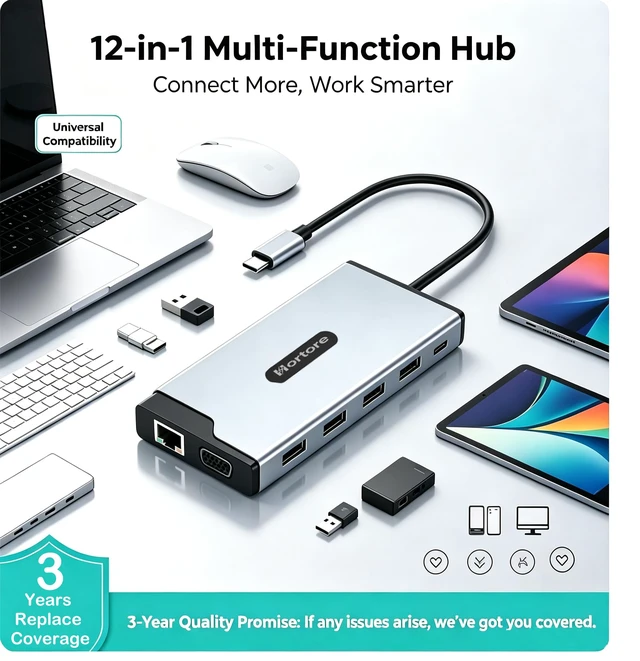 Alt view image 4 of 7 - Docking Station USB C Hub Multiport Adapter Triple Display | 12-in-1 hub with 2 HDMI,1 VGA, RJ45,100W PD,USB A&C 3.0 Ports,SD/TF Card Reader,for MacBook/Dell/HP/Lenovo,Silver
