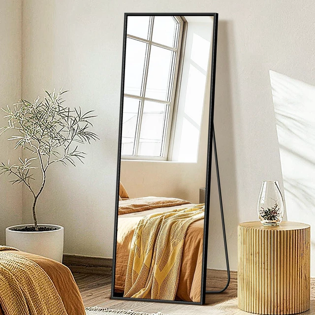 Main image of Full Length Mirror with Stand, Floor Standing Mirror, 56"x15", Black | HD Shatterproof Glass, Free-Standing or Wall-Mounted, Full Body Mirror for Bedroom, Living Room, Dressing Room, Entryway