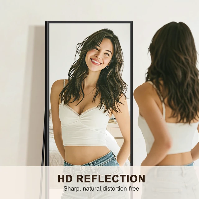 Alt view image 2 of 7 - Full Length Mirror with Stand, Floor Standing Mirror, 56"x15", Black | HD Shatterproof Glass, Free-Standing or Wall-Mounted, Full Body Mirror for Bedroom, Living Room, Dressing Room, Entryway