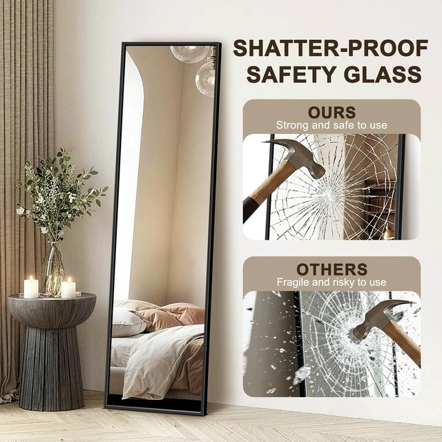 Alt view image 3 of 7 - Full Length Mirror with Stand, Floor Standing Mirror, 56"x15", Black | HD Shatterproof Glass, Free-Standing or Wall-Mounted, Full Body Mirror for Bedroom, Living Room, Dressing Room, Entryway