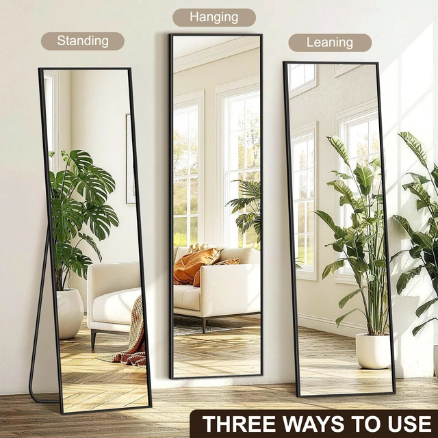 Alt view image 5 of 7 - Full Length Mirror with Stand, Floor Standing Mirror, 56"x15", Black | HD Shatterproof Glass, Free-Standing or Wall-Mounted, Full Body Mirror for Bedroom, Living Room, Dressing Room, Entryway