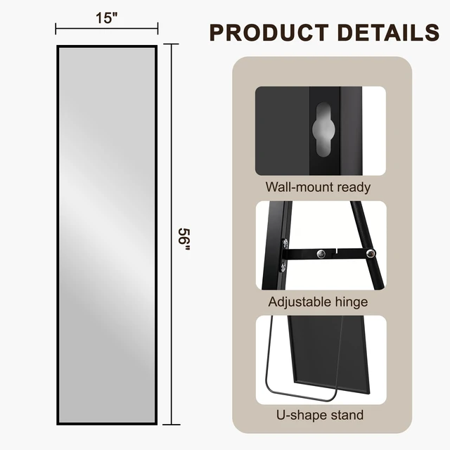 Alt view image 6 of 7 - Full Length Mirror with Stand, Floor Standing Mirror, 56"x15", Black | HD Shatterproof Glass, Free-Standing or Wall-Mounted, Full Body Mirror for Bedroom, Living Room, Dressing Room, Entryway