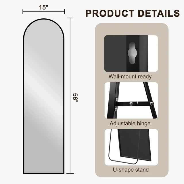 Alt view image 2 of 7 - Full Length Mirror with Stand, 56"x15" Full Body Floor Mirror, Black | HD Shatterproof Glass, Aluminum Alloy Frame, Free Standing/Leaning/Wall-Mounted for Bedroom, Living Room, Cloakroom, Entryway