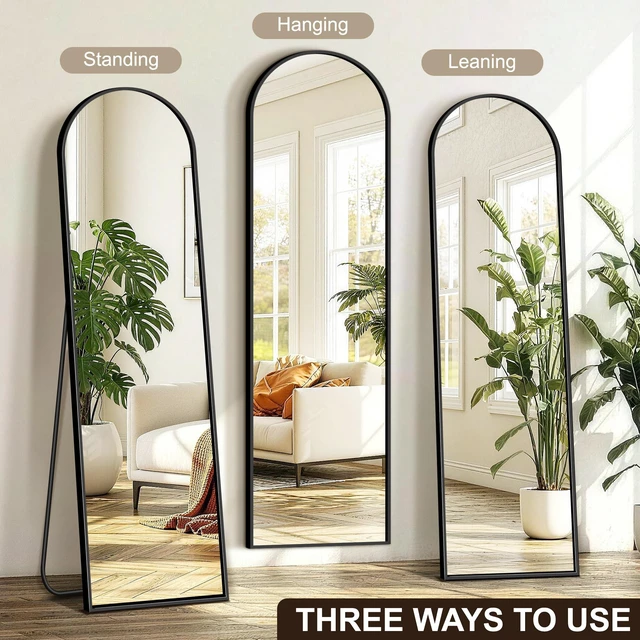 Alt view image 6 of 7 - Full Length Mirror with Stand, 56"x15" Full Body Floor Mirror, Black | HD Shatterproof Glass, Aluminum Alloy Frame, Free Standing/Leaning/Wall-Mounted for Bedroom, Living Room, Cloakroom, Entryway
