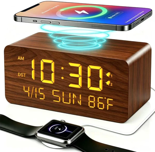 Main image of Premium Brown Wooden Digital Alarm Clock with Wireless Phone Charger, Dual USB Charging Ports, Dimmable LED Display, Date and Day of Week, Small Digital Desk Clock for Bedroom Nightstand Bedside Table