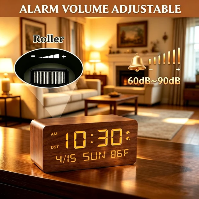 Alt view image 6 of 7 - Premium Brown Wooden Digital Alarm Clock with Wireless Phone Charger, Dual USB Charging Ports, Dimmable LED Display, Date and Day of Week, Small Digital Desk Clock for Bedroom Nightstand Bedside Table