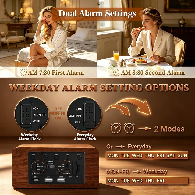 Alt view image 7 of 7 - Premium Brown Wooden Digital Alarm Clock with Wireless Phone Charger, Dual USB Charging Ports, Dimmable LED Display, Date and Day of Week, Small Digital Desk Clock for Bedroom Nightstand Bedside Table