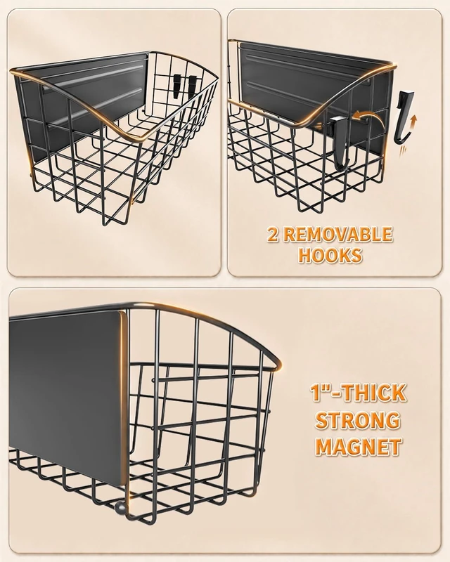 Alt view image 6 of 7 - 2Pack Magnetic Shelf for Refrigerator with Removable Hooks(Black) | Strong Magnetic Spice Rack for Kitchen Storage, Fruit Potato Onion Storage Shelves, Large Magnetic Basket Organizer