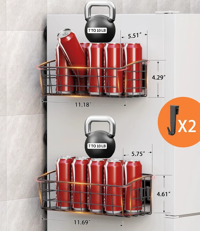 Alt view image 4 of 7 - 2Pack Magnetic Shelf for Refrigerator with Removable Hooks(Black) | Strong Magnetic Spice Rack for Kitchen Storage, Fruit Potato Onion Storage Shelves, Large Magnetic Basket Organizer