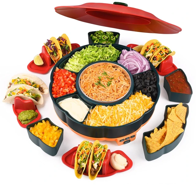 Main image of Taco Tuesday Kit, Taco Bar Serving Set for a Party with 3-Temp Control, 33oz Heated Pot, 6 Removable Trays & 4 Taco Holders, Lazy Susan Taco Bar for Burritos, Nachos, and Fajitas, Christmas Gift