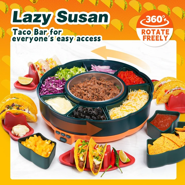 Alt view image 2 of 7 - Taco Tuesday Kit, Taco Bar Serving Set for a Party with 3-Temp Control, 33oz Heated Pot, 6 Removable Trays & 4 Taco Holders, Lazy Susan Taco Bar for Burritos, Nachos, and Fajitas, Christmas Gift
